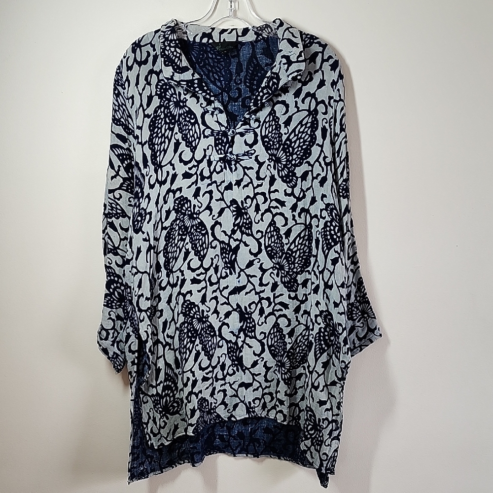 Peacock Ways BlueWhite Floral Butterfly Design Women Lagenlook Blouse Tunic L XL